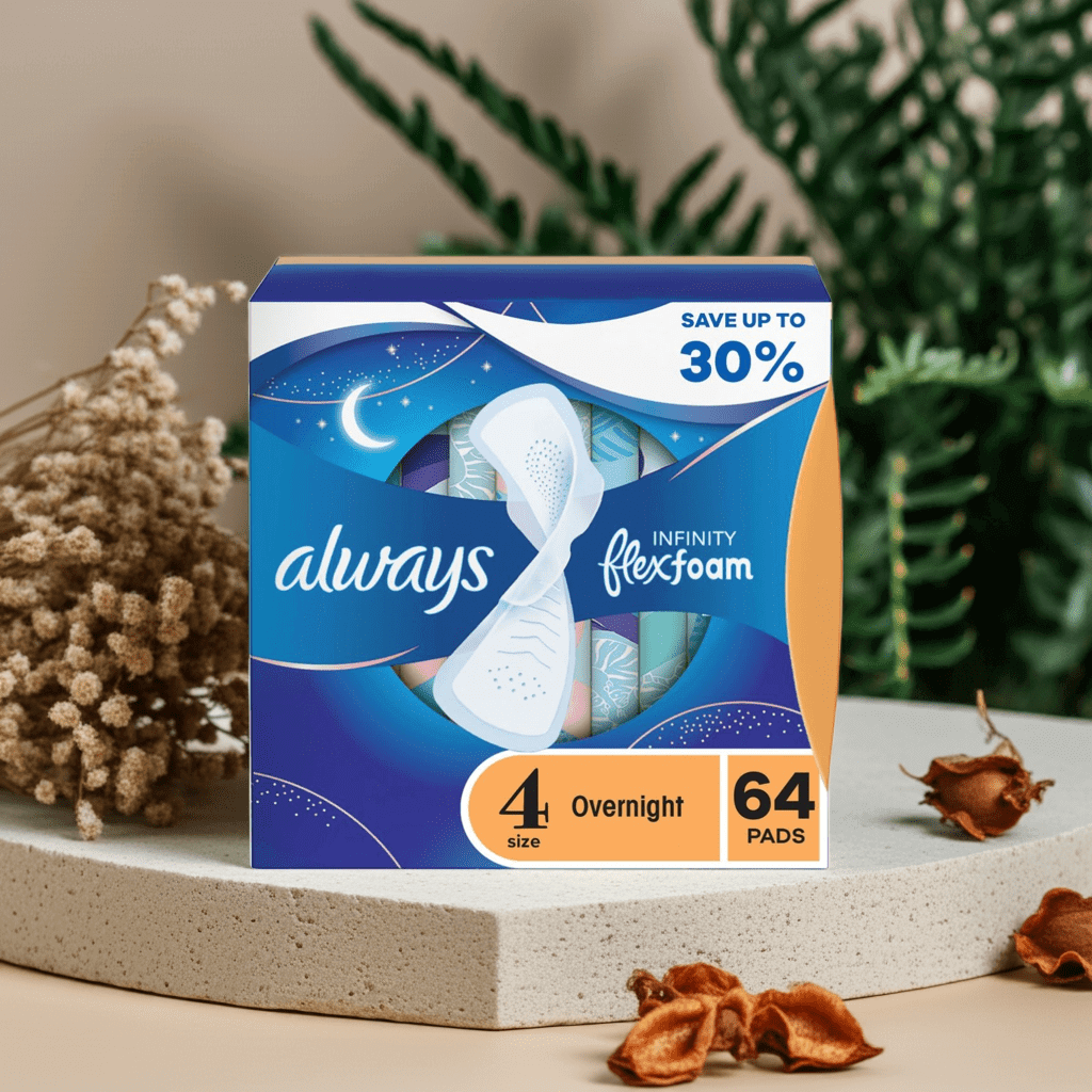 Always Infinity FlexFoam Overnight Pads Size 4 with Wings – 64 Ct