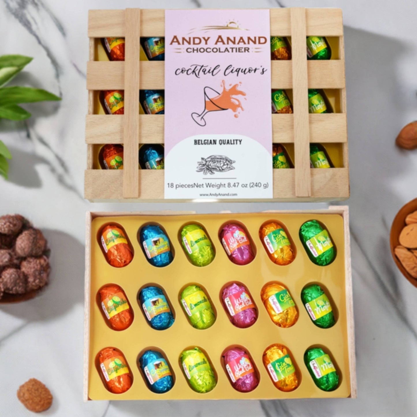 Andy Anand Cocktail Flavors, Six Unique, Non Alcoholic Vegan Chocolate Dark Chocolates, 18 Pieces, Crafted with 60% Cocoa Butter, Decadent