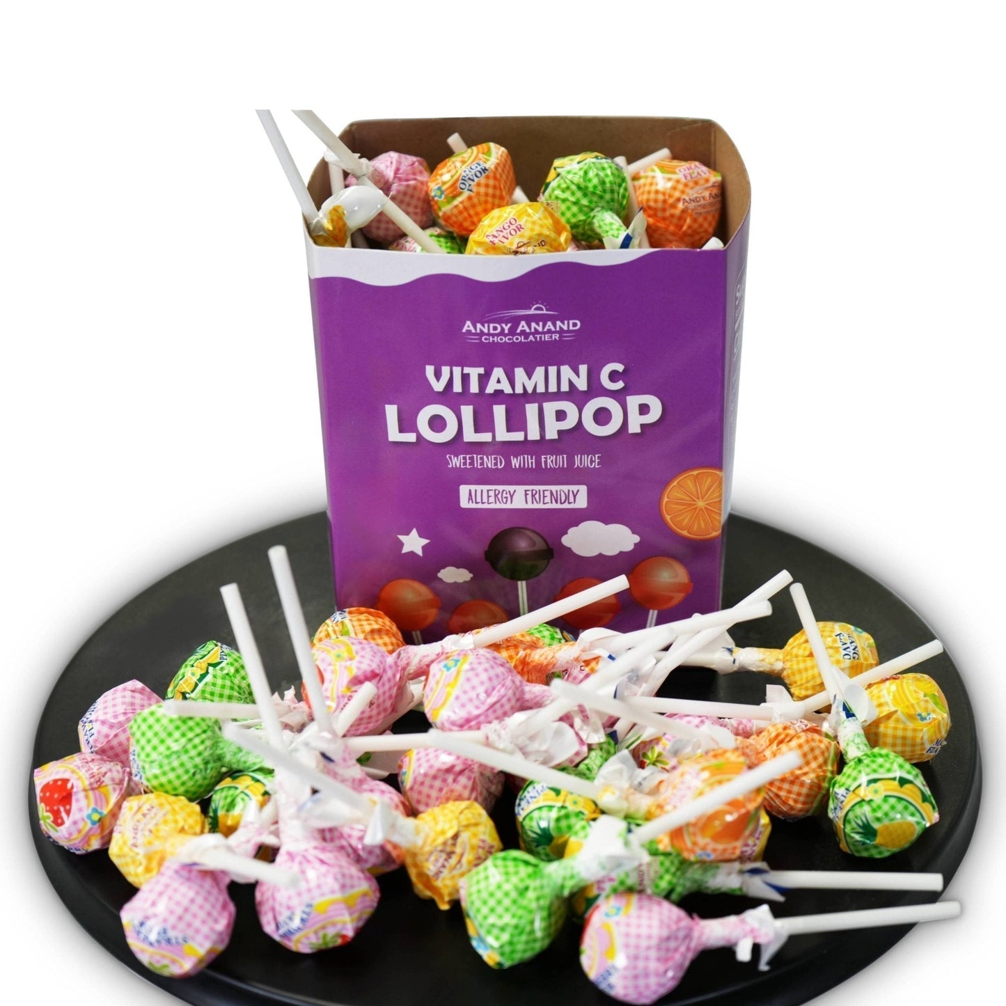Andy Anand Vitamin C Lollipops, 29 ct, 8.8 oz – Real Fruit Juice, Keto, Kids Immune Support, Birthday & Holiday Gift Box