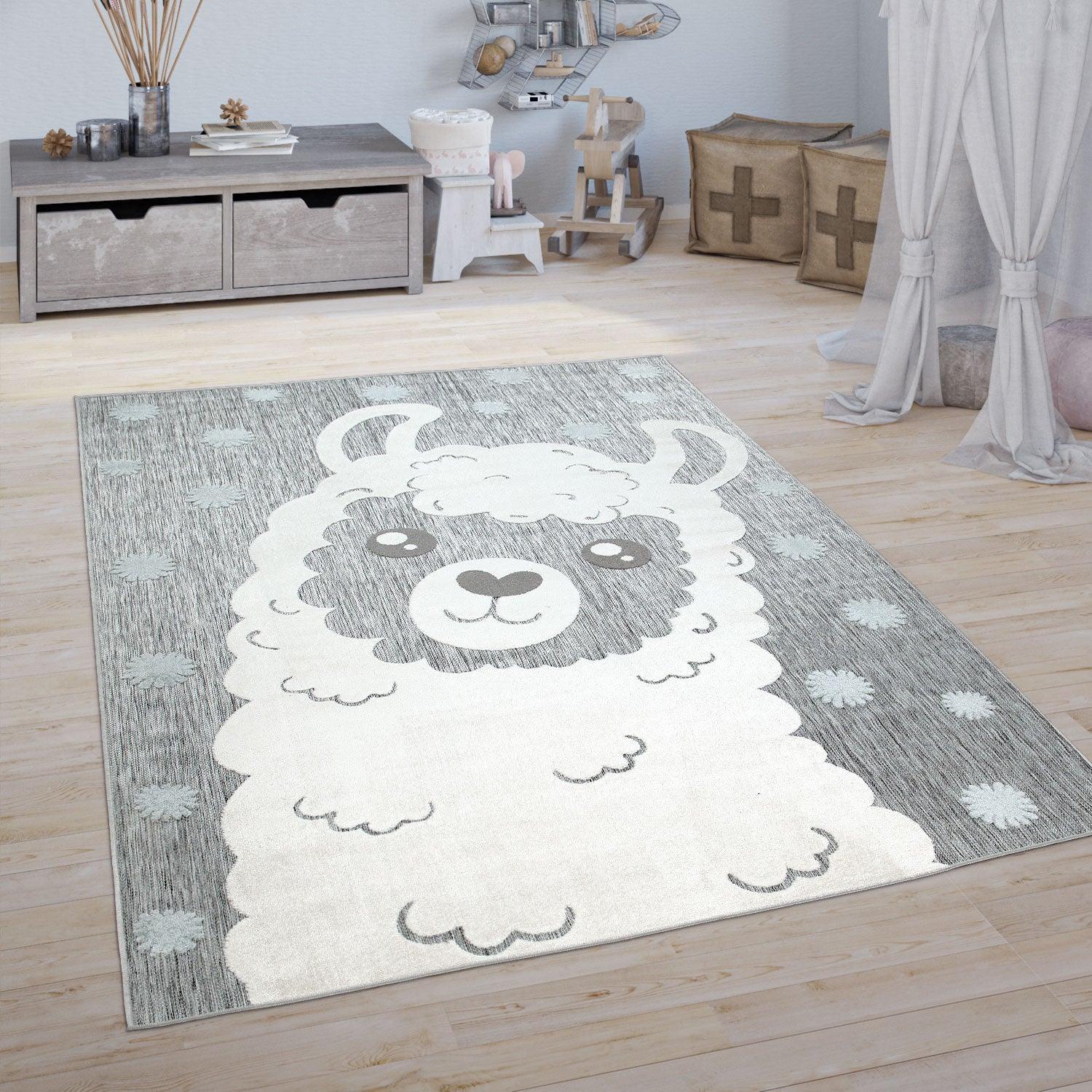 Kids Rug Lilo with Cute Llama Motif - Grey White-0