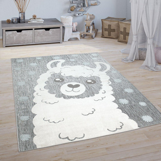 Kids Rug Lilo with Cute Llama Motif - Grey White-0