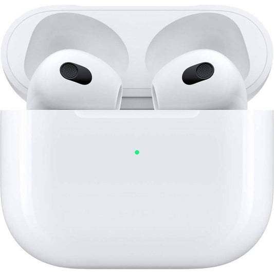 White wireless earbuds in charging case with green indicator light on a white background. Apple AirPods 3rd Generation - White