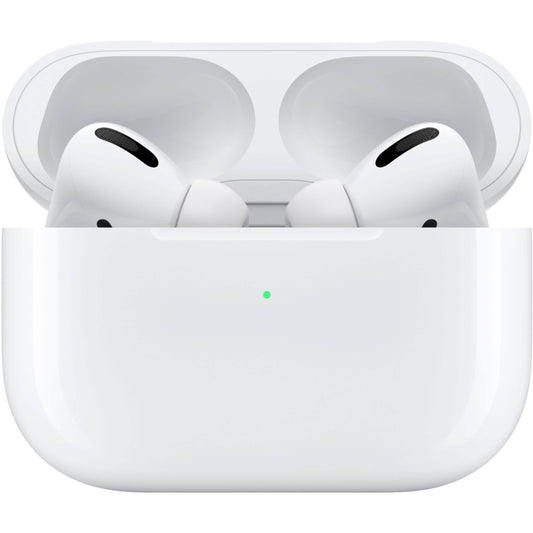 White wireless earbuds in a charging case on a white background. Apple AirPods Pro with Magsafe Charging Case