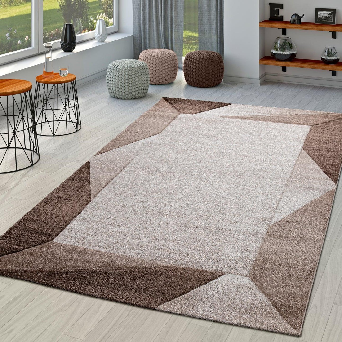 Living Room Rug Madeira Bordered with Geometric Pattern - Brown Beige-0