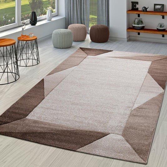 Living Room Rug Madeira Bordered with Geometric Pattern - Brown Beige-0