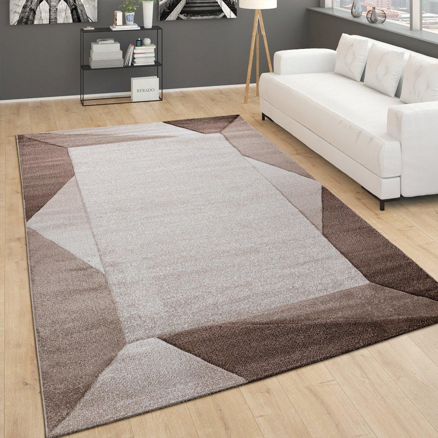 Living Room Rug Madeira Bordered with Geometric Pattern - Brown Beige-1