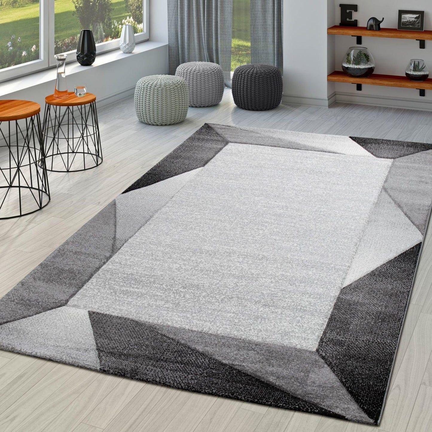 Living Room Rug Madeira Bordered with Geometric Pattern - Grey-0