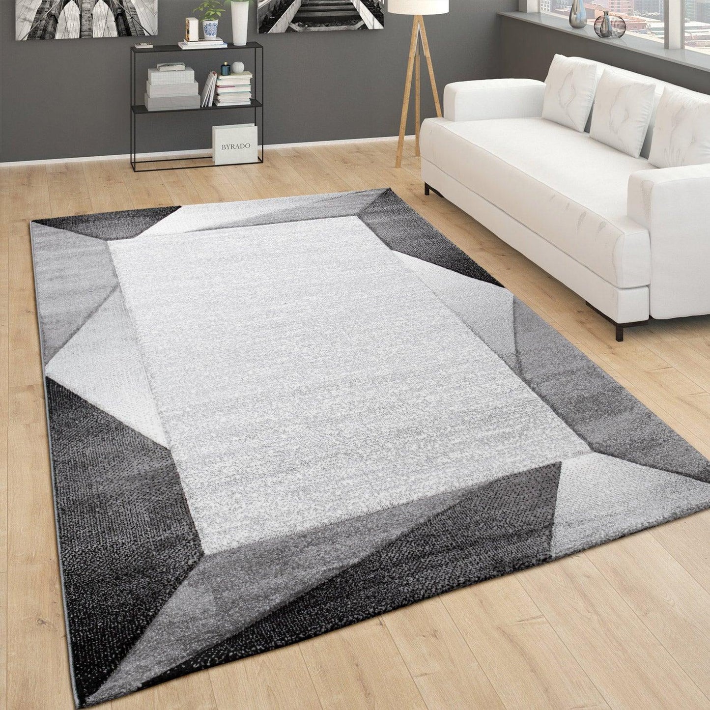 Living Room Rug Madeira Bordered with Geometric Pattern - Grey-1