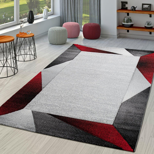 Living Room Rug Madeira Bordered with Geometric Pattern - Grey Red-0