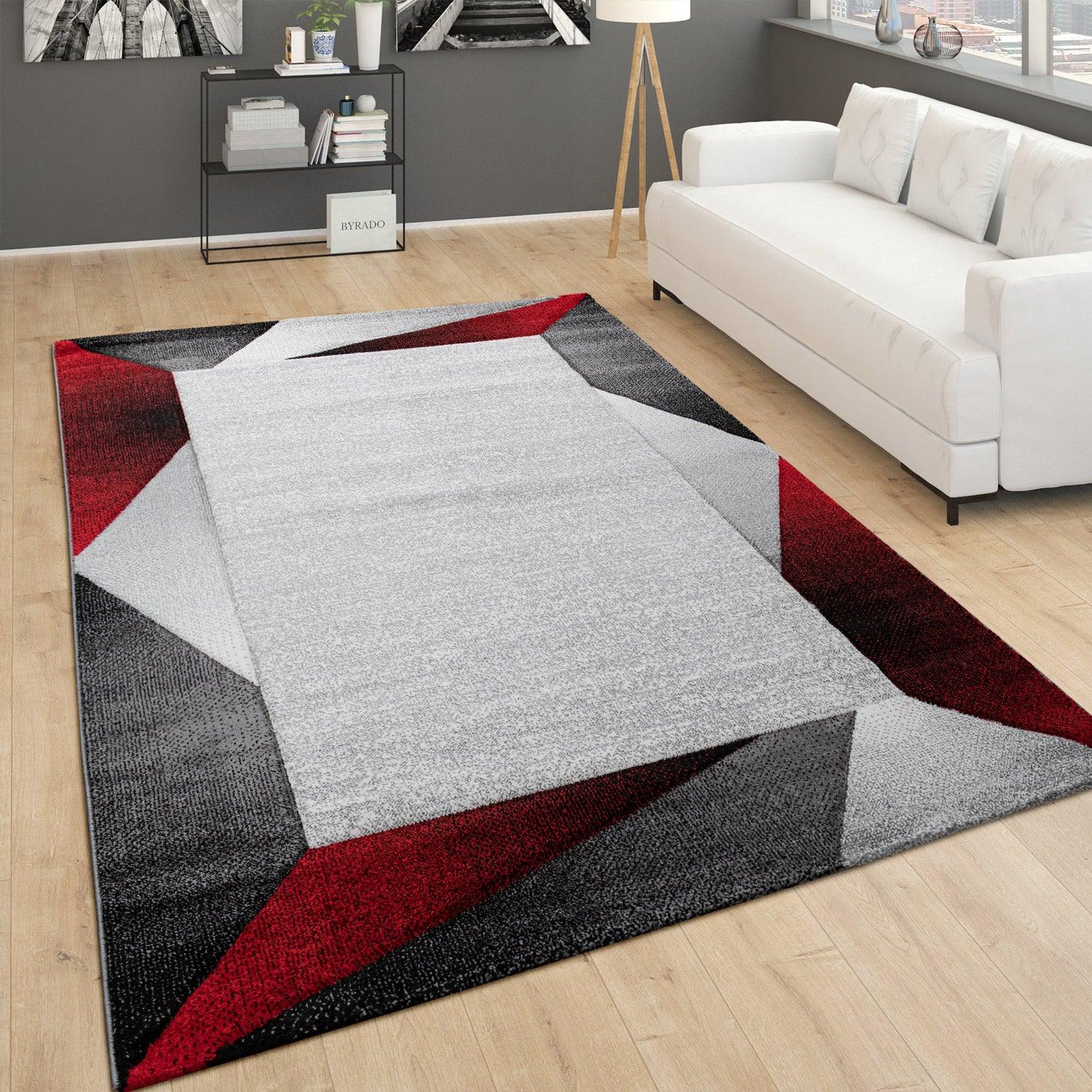 Living Room Rug Madeira Bordered with Geometric Pattern - Grey Red-1