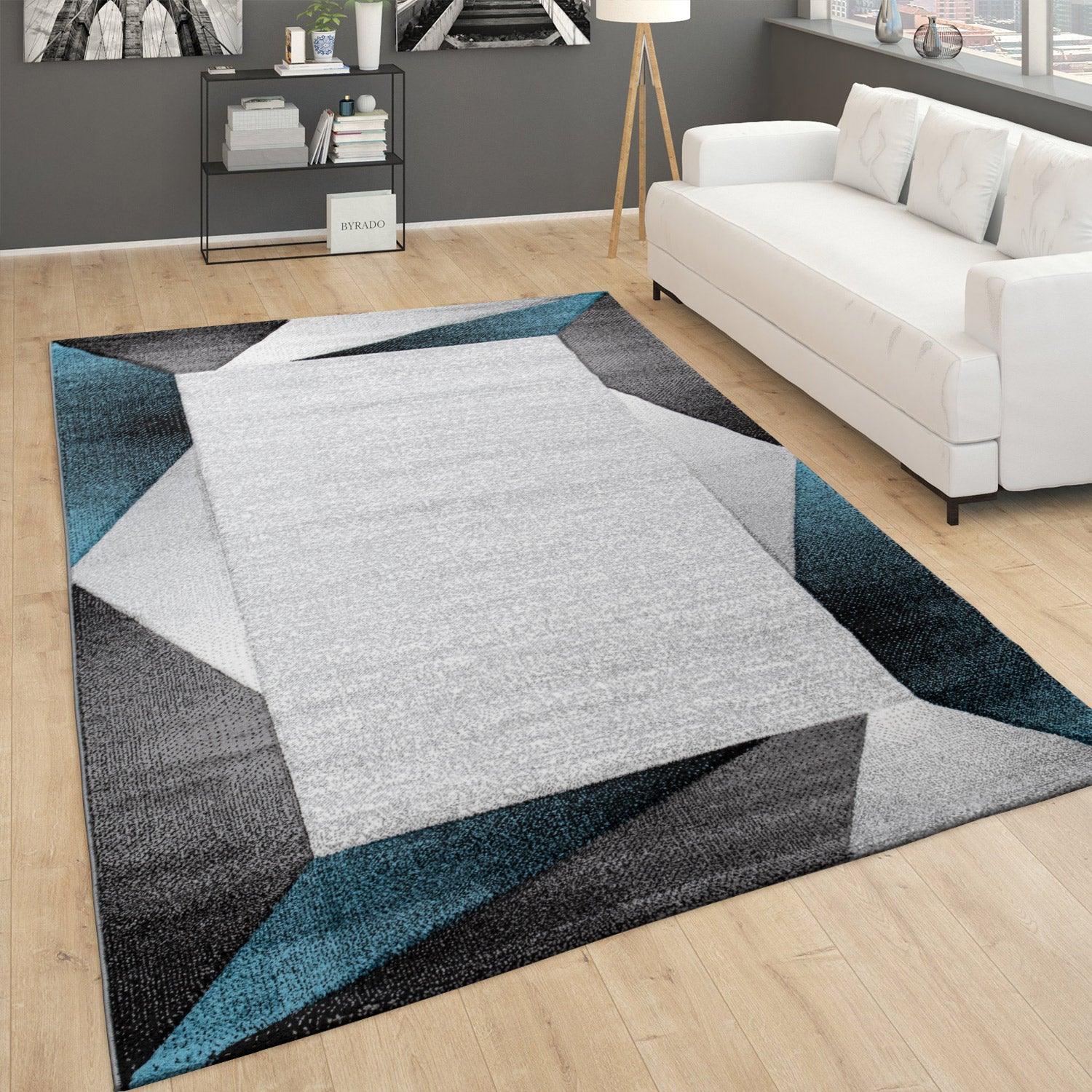 Living Room Rug Madeira Bordered with Geometric Pattern - Grey Blue-1