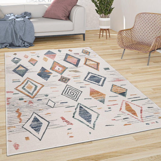 Area Rug Cream Low-Pile Boho Style Colorful Diamond Pattern-0