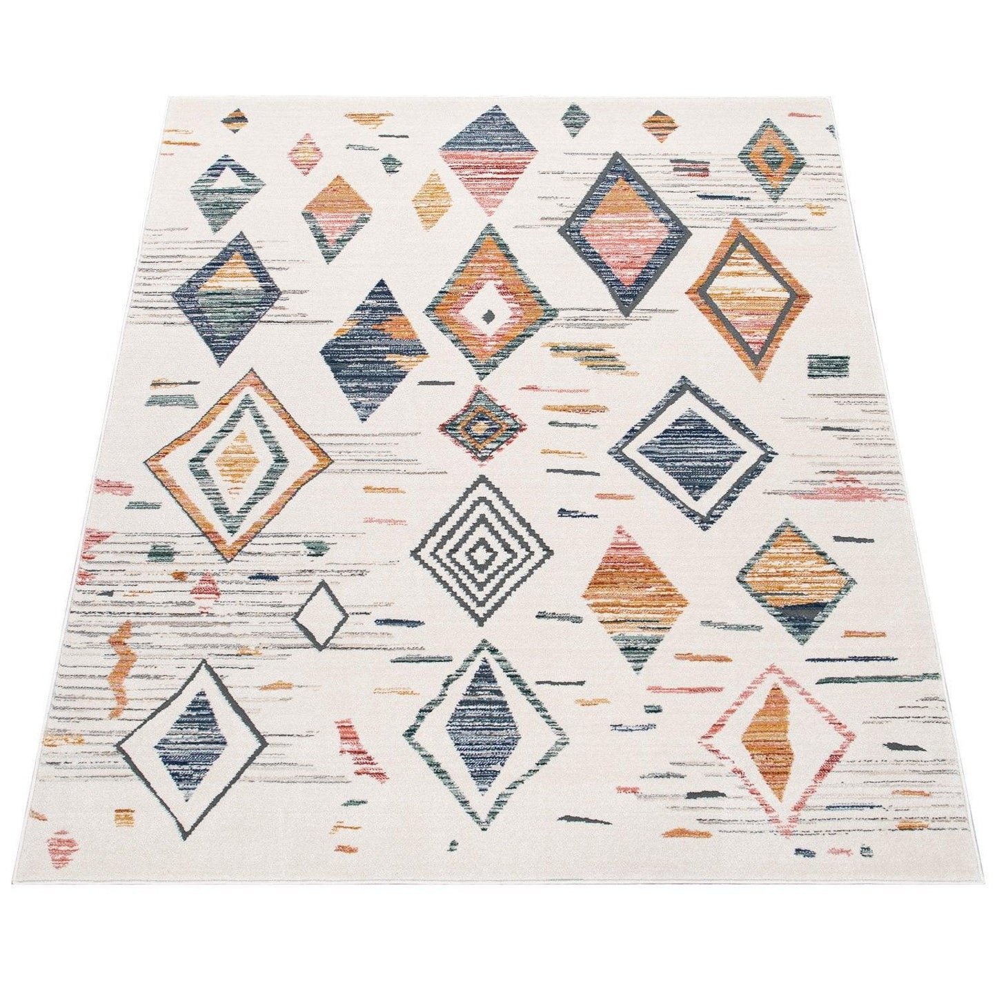 Area Rug Cream Low-Pile Boho Style Colorful Diamond Pattern-1