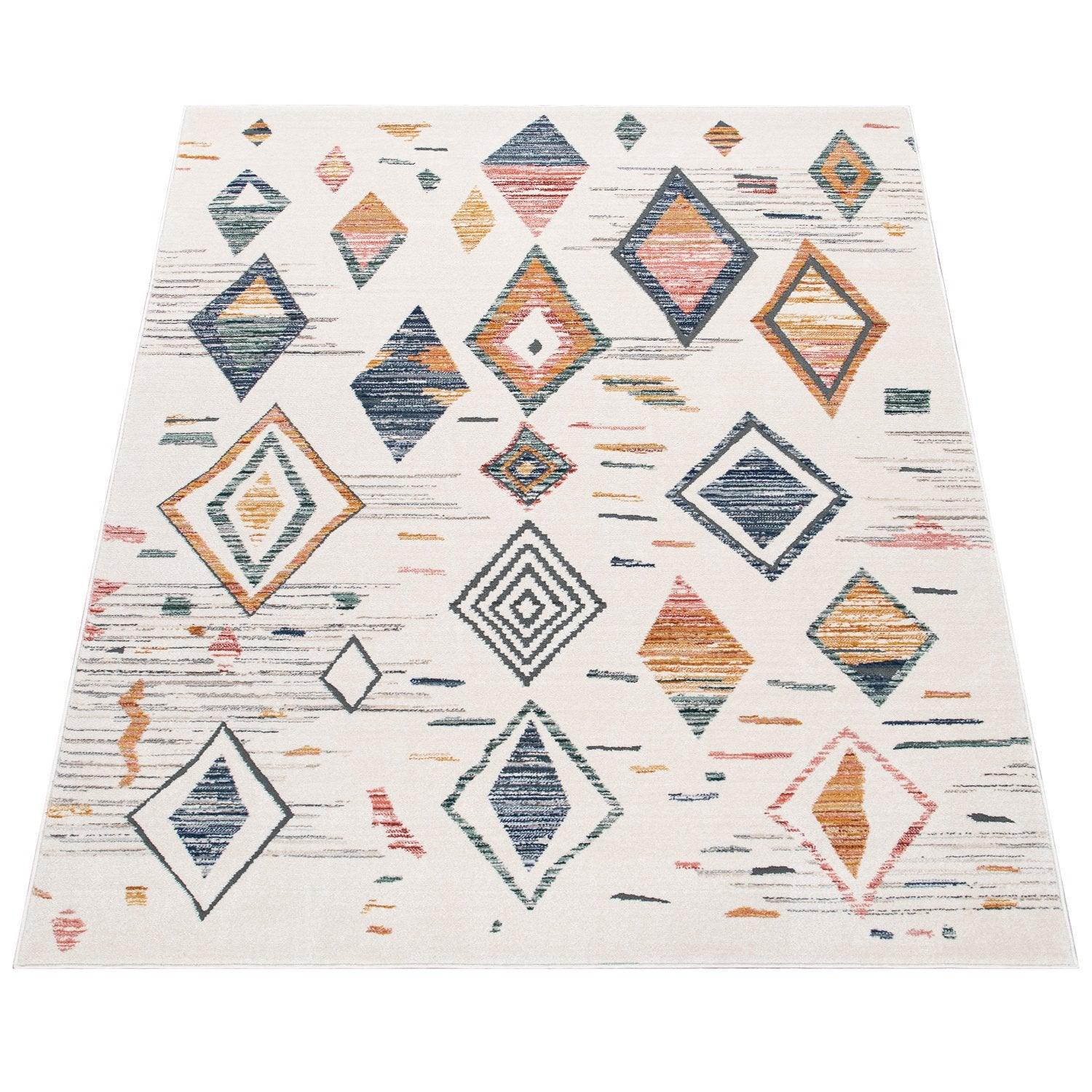 Area Rug Cream Low-Pile Boho Style Colorful Diamond Pattern-1