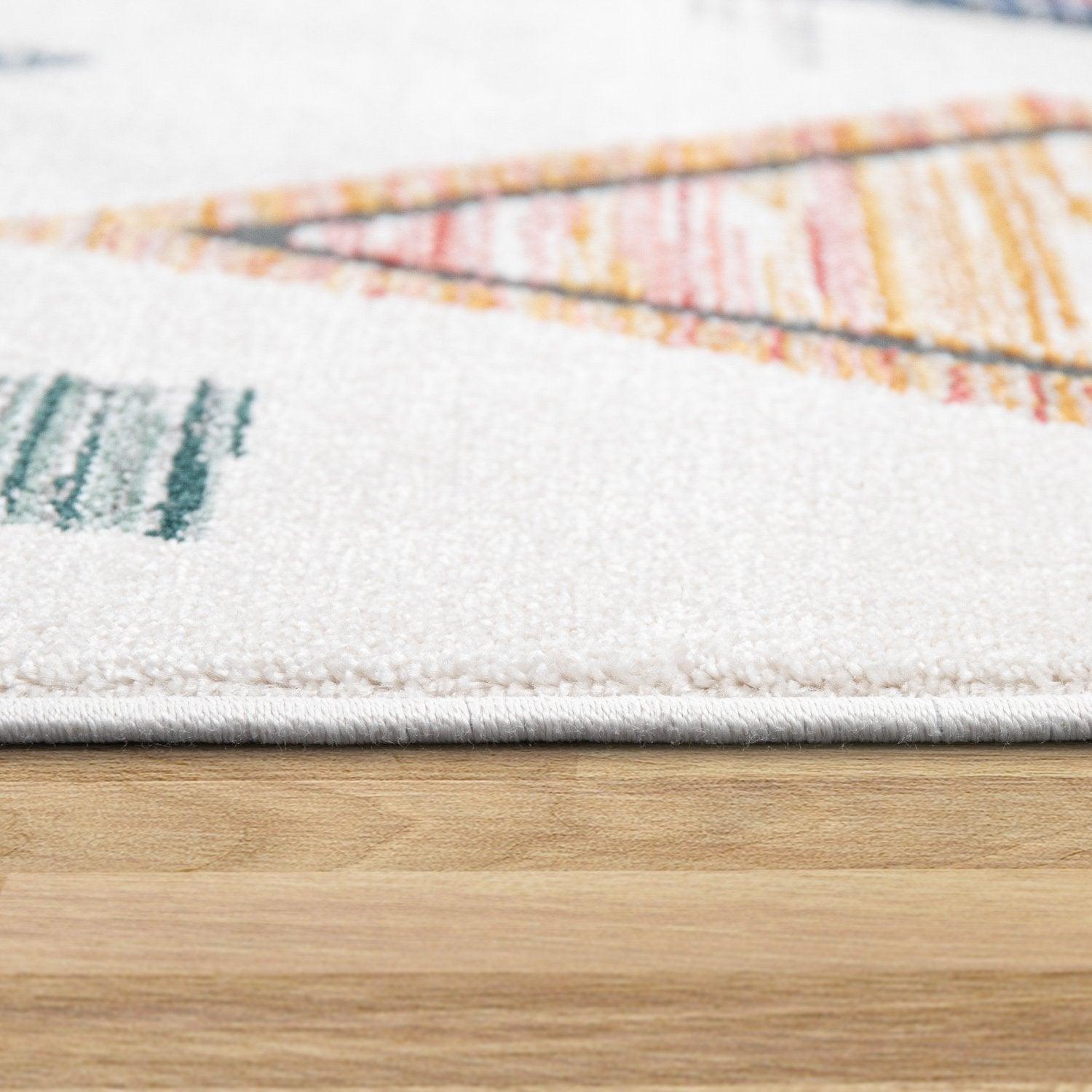 Area Rug Cream Low-Pile Boho Style Colorful Diamond Pattern-2