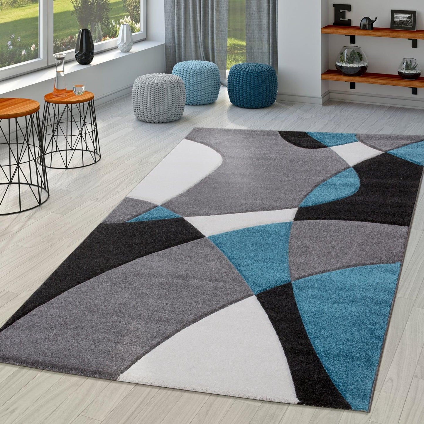 Area Rug Madeira Abstract Curved Pattern - Grey Blue-3