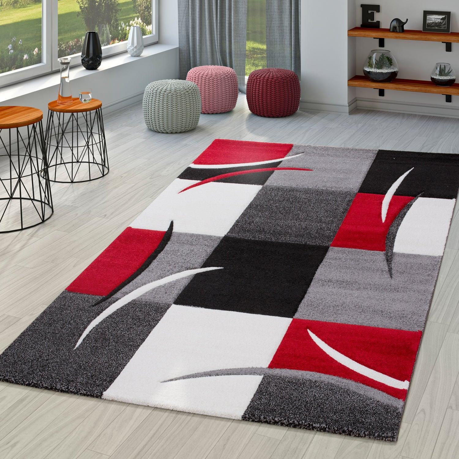 Area Rug Madeira Checkered with Contour Cut - Grey Red-0