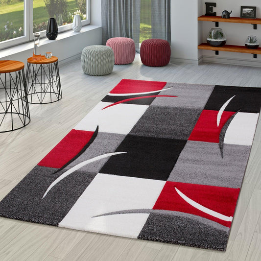 Area Rug Madeira Checkered with Contour Cut - Grey Red-0