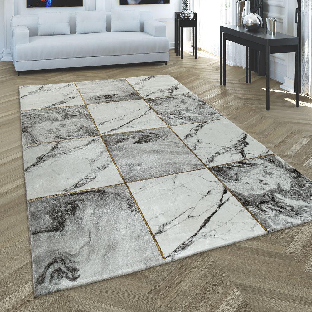 Area Rug Marble Pattern Checkered in Grey Gold Beige-0