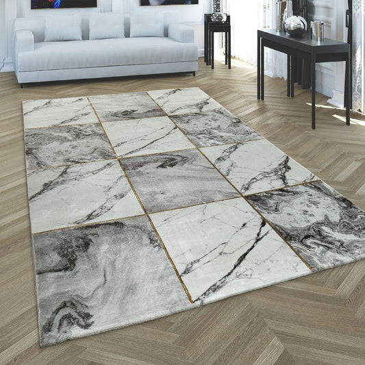 Area Rug Marble Pattern Checkered in Grey Gold Beige-0