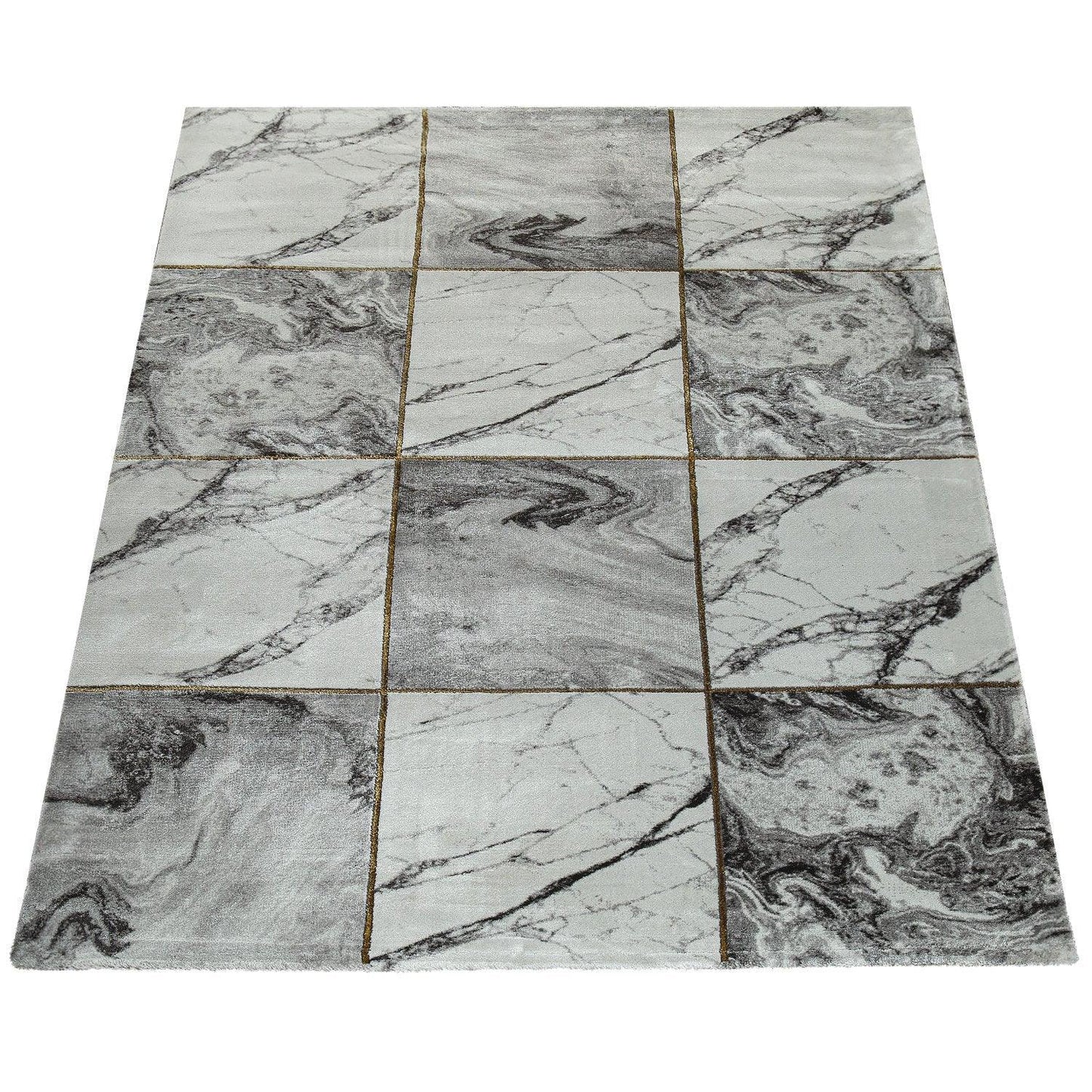 Area Rug Marble Pattern Checkered in Grey Gold Beige-3