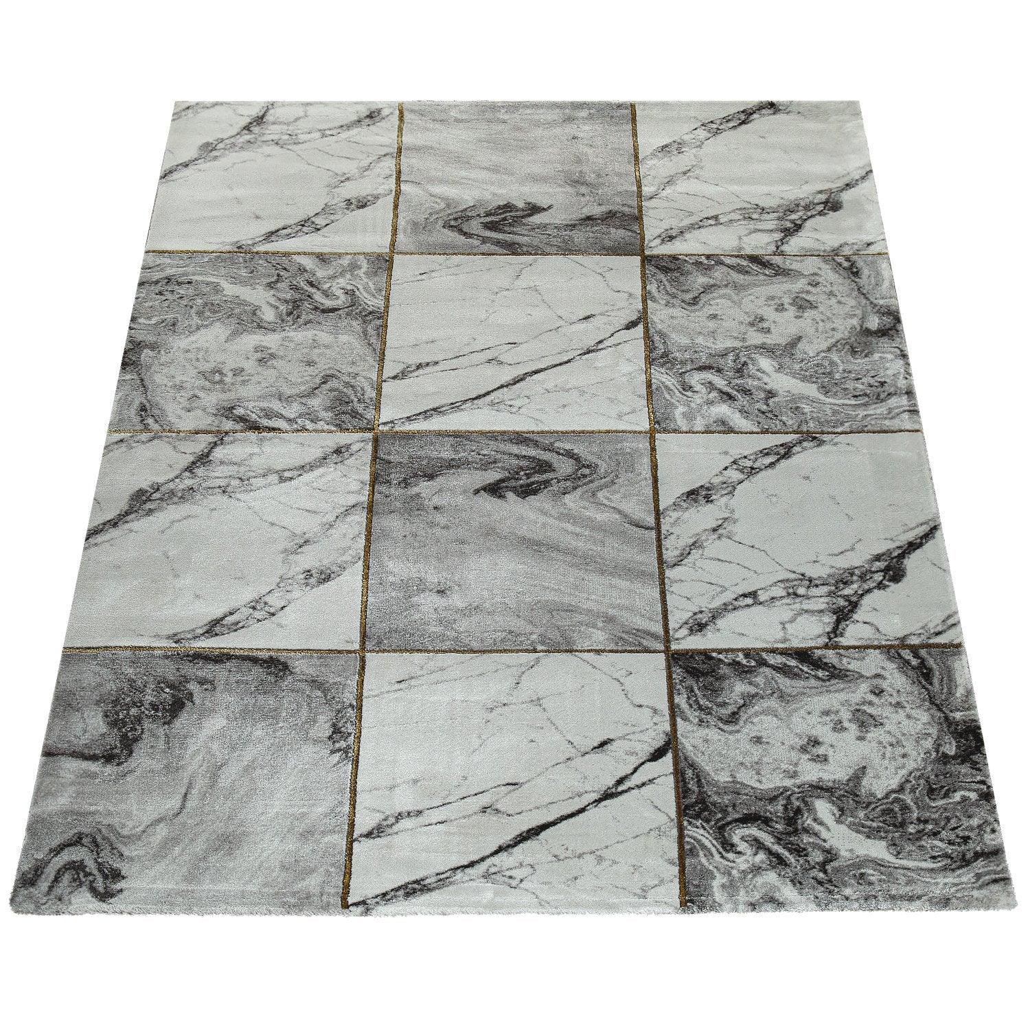 Area Rug Marble Pattern Checkered in Grey Gold Beige-3