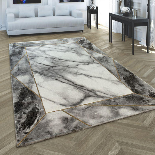 Area Rug Marble Pattern Hardwearing in Grey Gold Beige-0