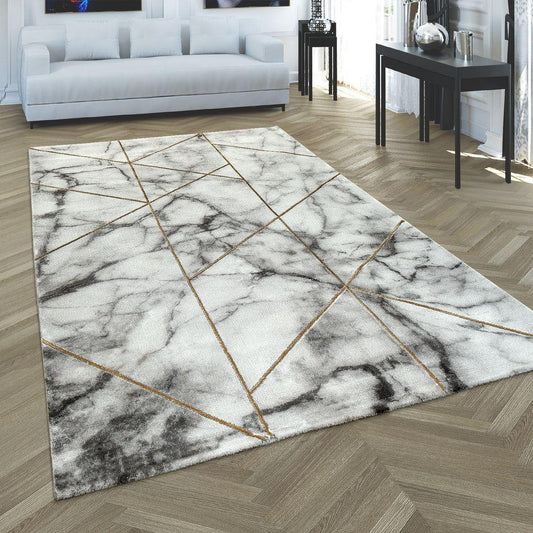 Area Rug Marble Pattern Hardwearing in Grey Gold Cream-0