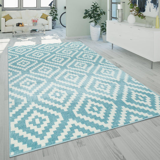 Area Rug Stella Moroccan Diamond Pattern - Pastel Blue White-0