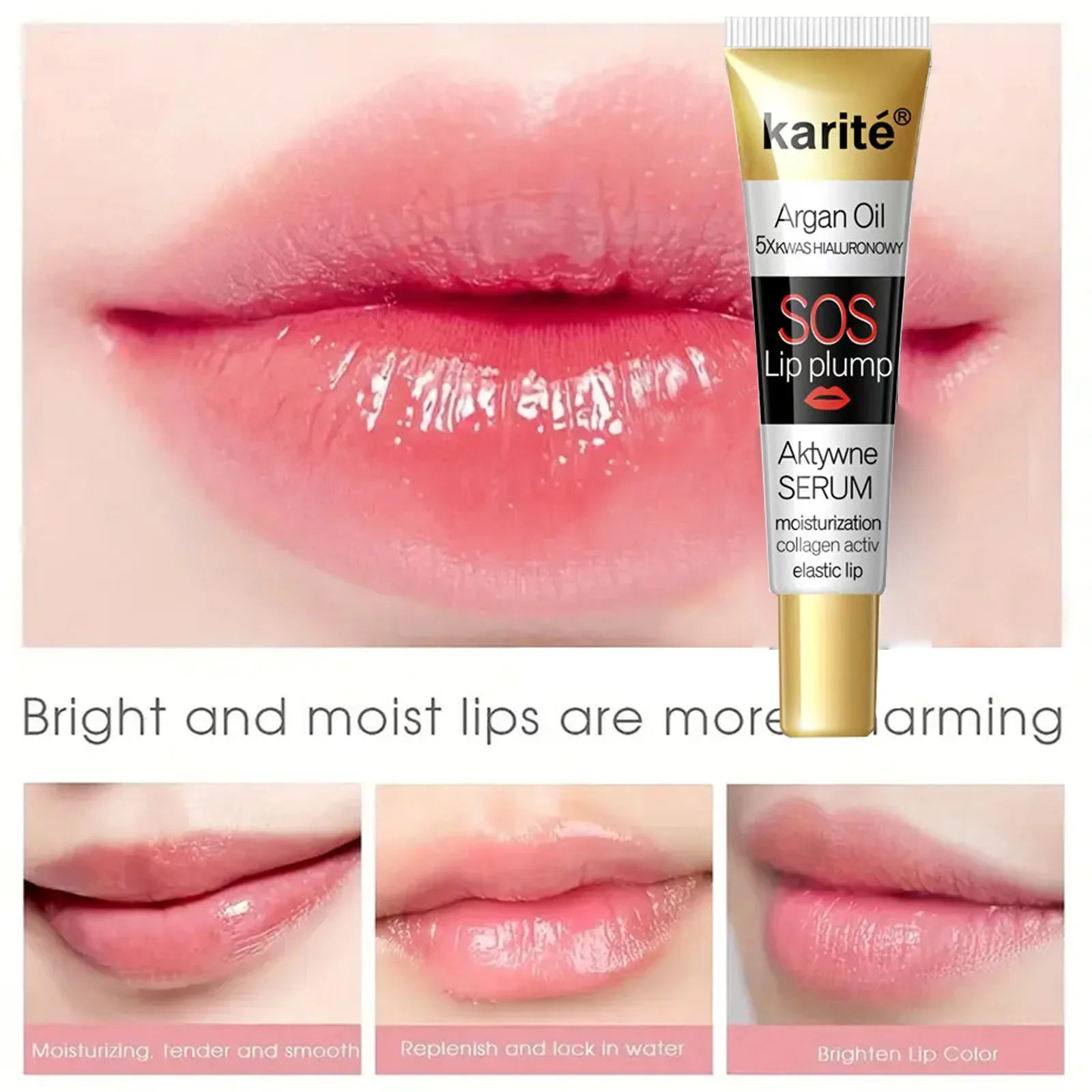 Lip plump with argan oil and astringent serum, showing moisturized and plump lips.