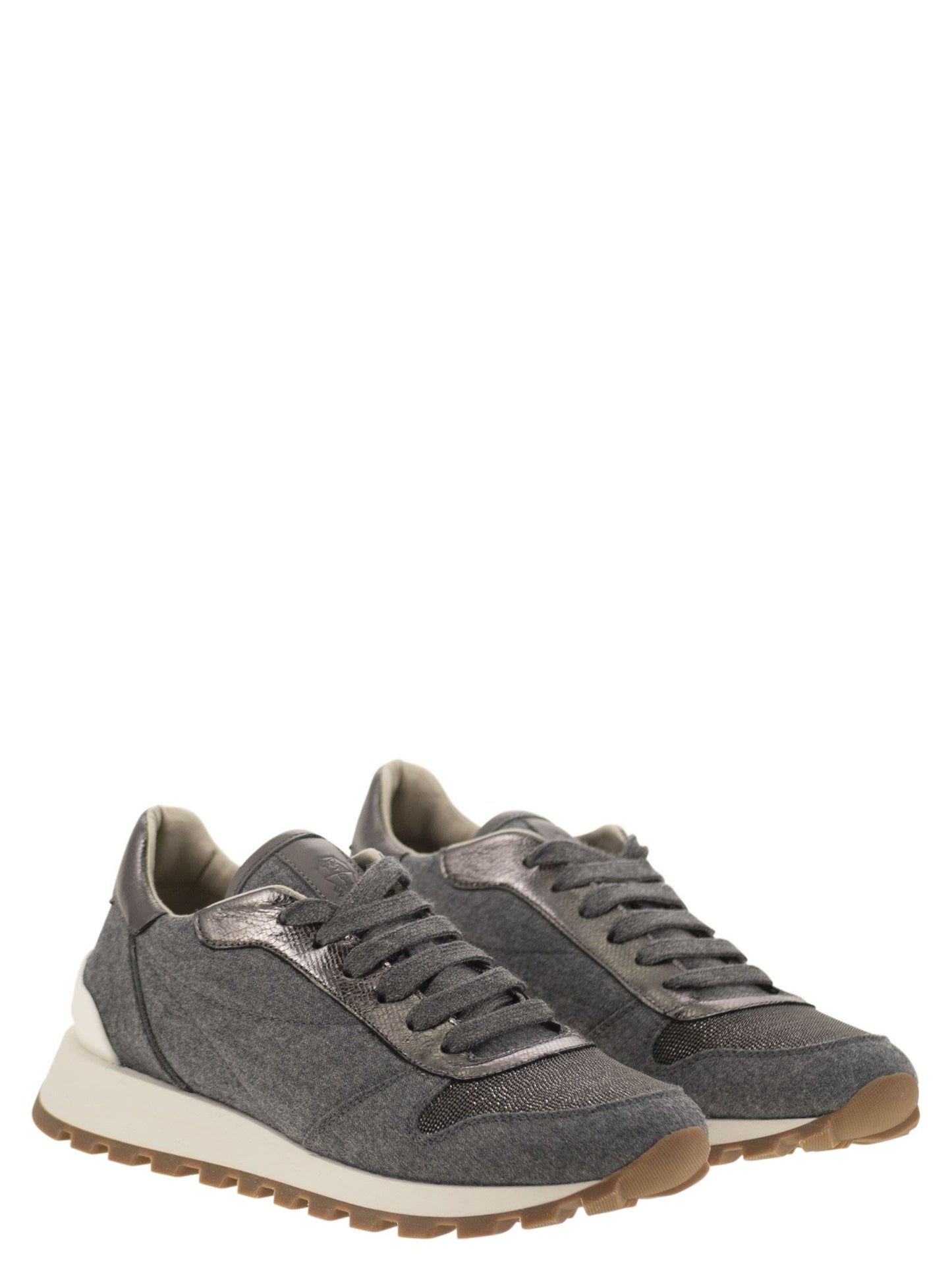 Brunello Cucinelli Women Runners In Virgin Wool Flannel And Lamé Calfskin With Precious Toe