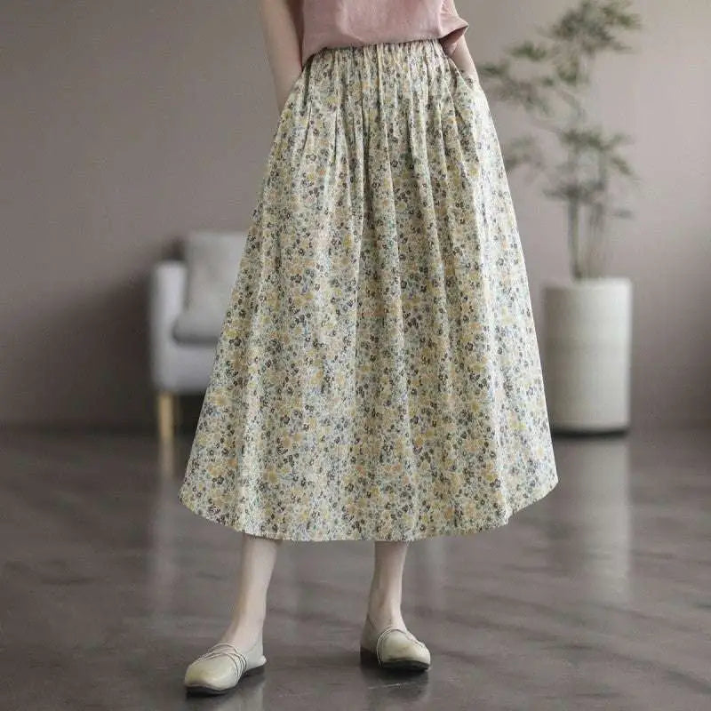 Artistic Floral Washed Cotton Midi Skirt