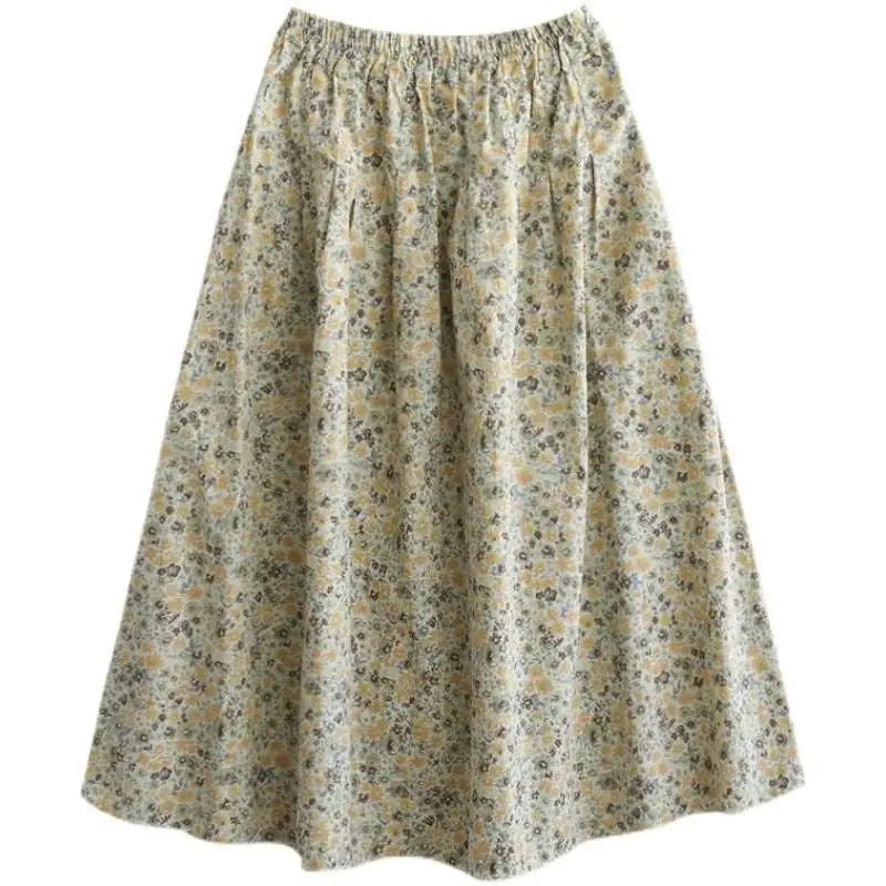 Artistic Floral Washed Cotton Midi Skirt