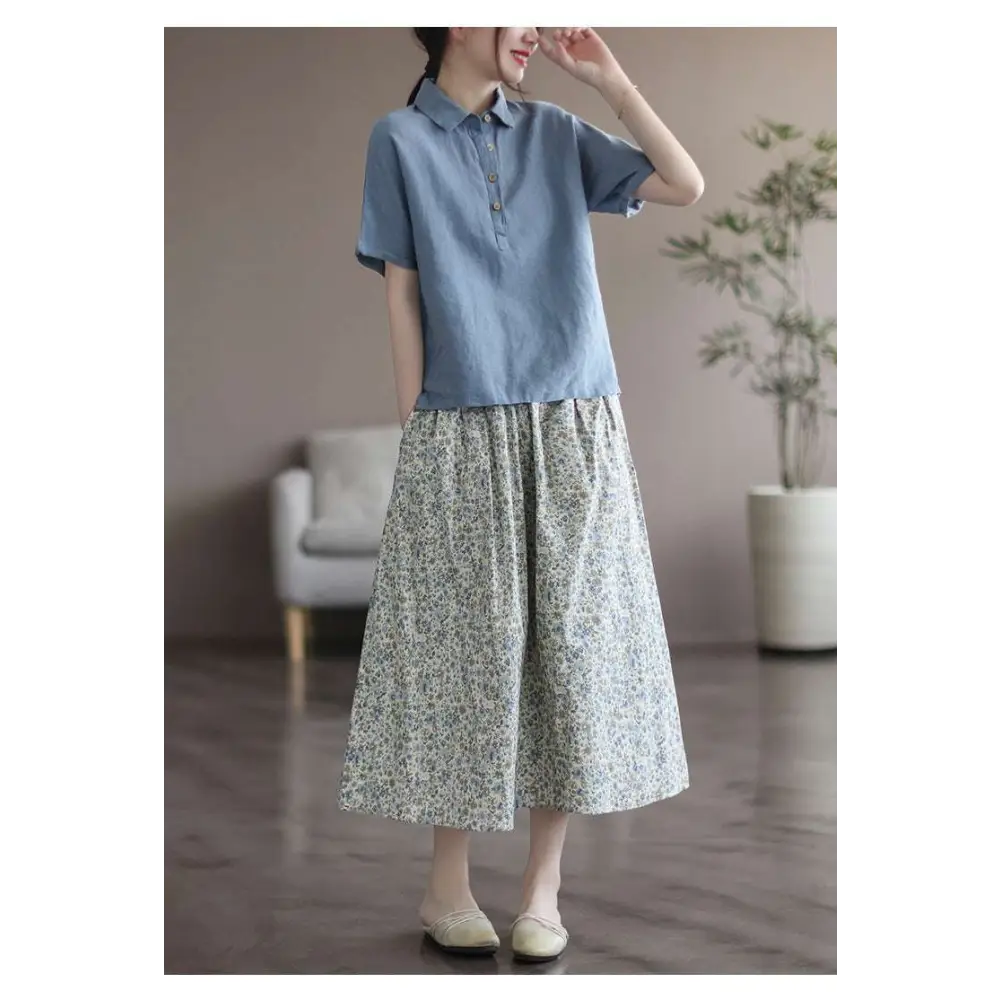 Artistic Floral Washed Cotton Midi Skirt