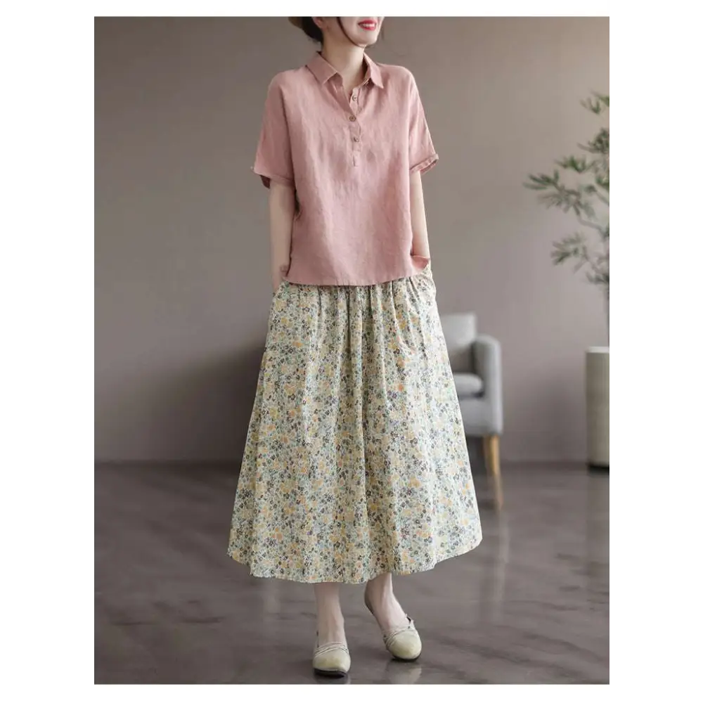 Artistic Floral Washed Cotton Midi Skirt