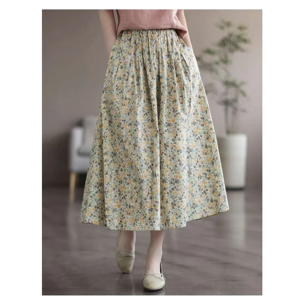 Artistic Floral Washed Cotton Midi Skirt