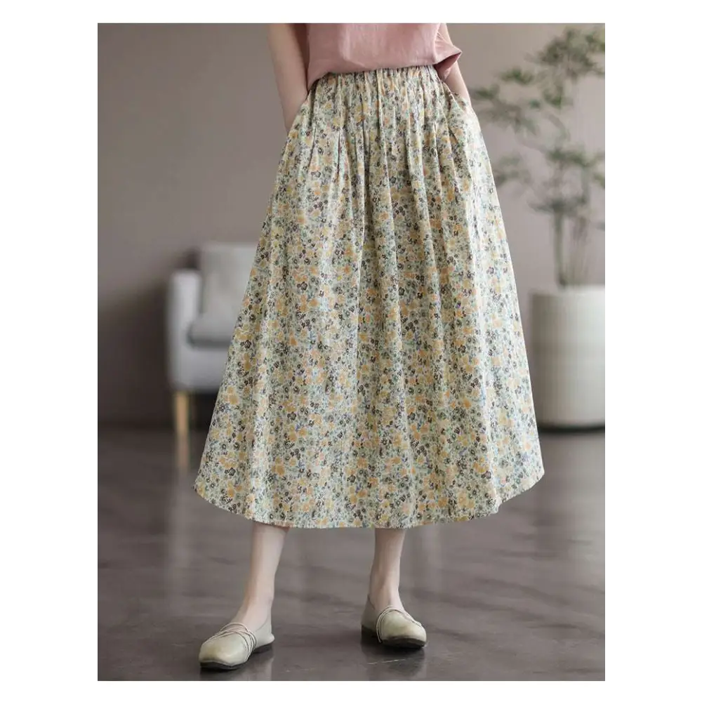 Artistic Floral Washed Cotton Midi Skirt
