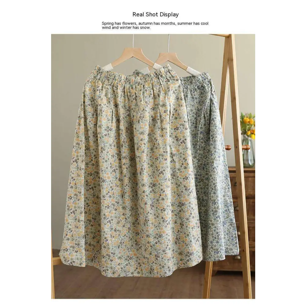 Artistic Floral Washed Cotton Midi Skirt
