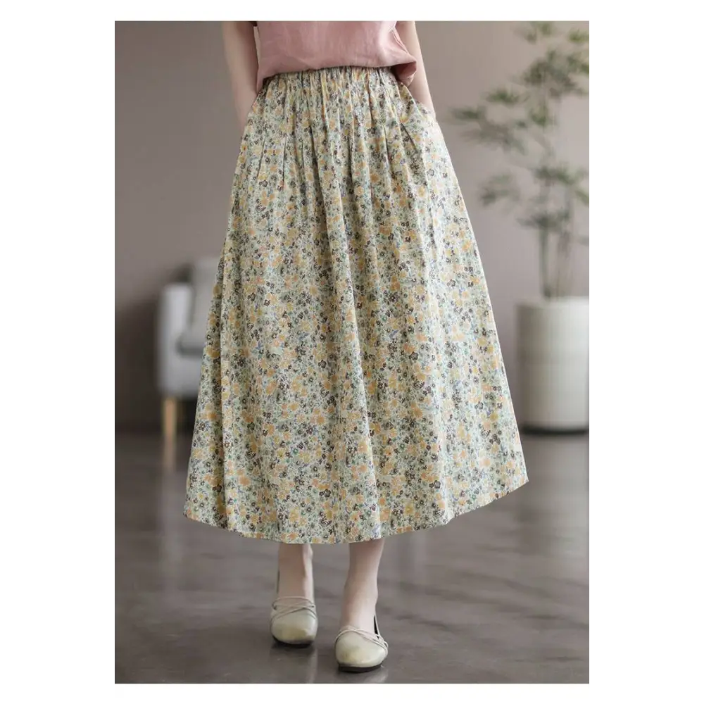 Artistic Floral Washed Cotton Midi Skirt