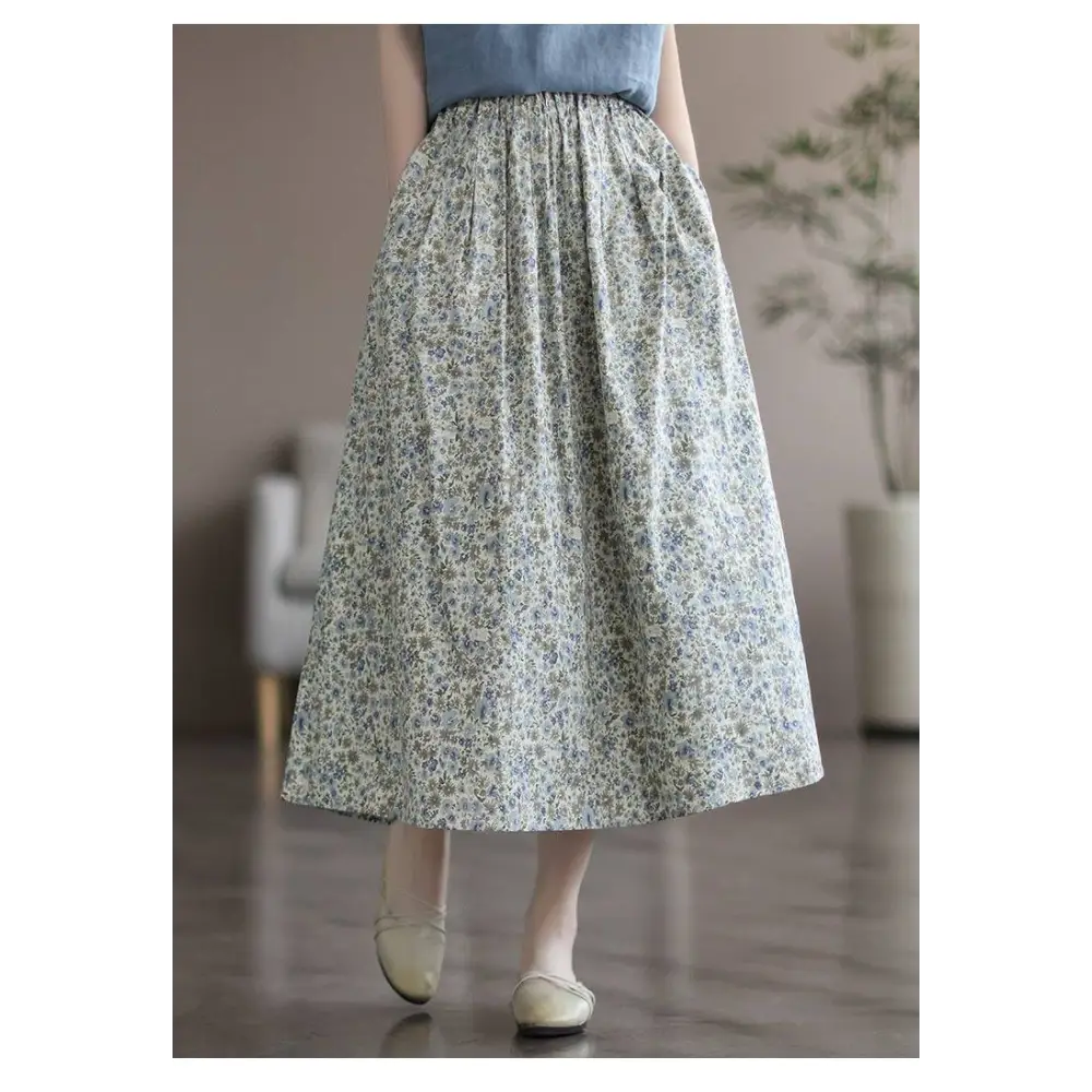 Artistic Floral Washed Cotton Midi Skirt