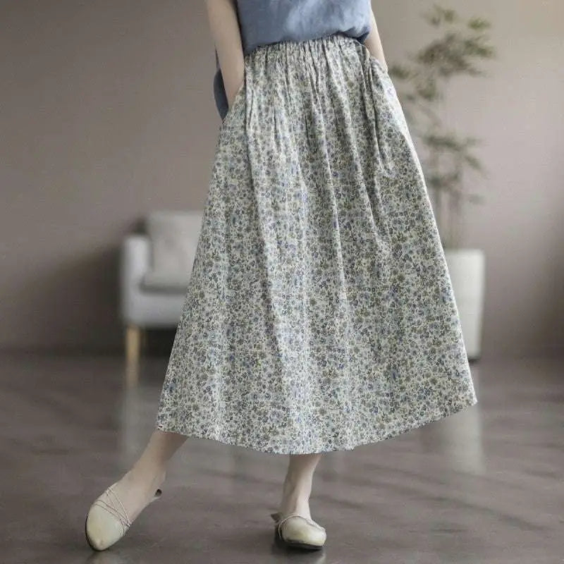 Artistic Floral Washed Cotton Midi Skirt