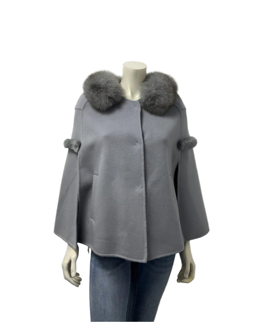 Gray Wool Cape with Rex Rabbit & Fox Trim