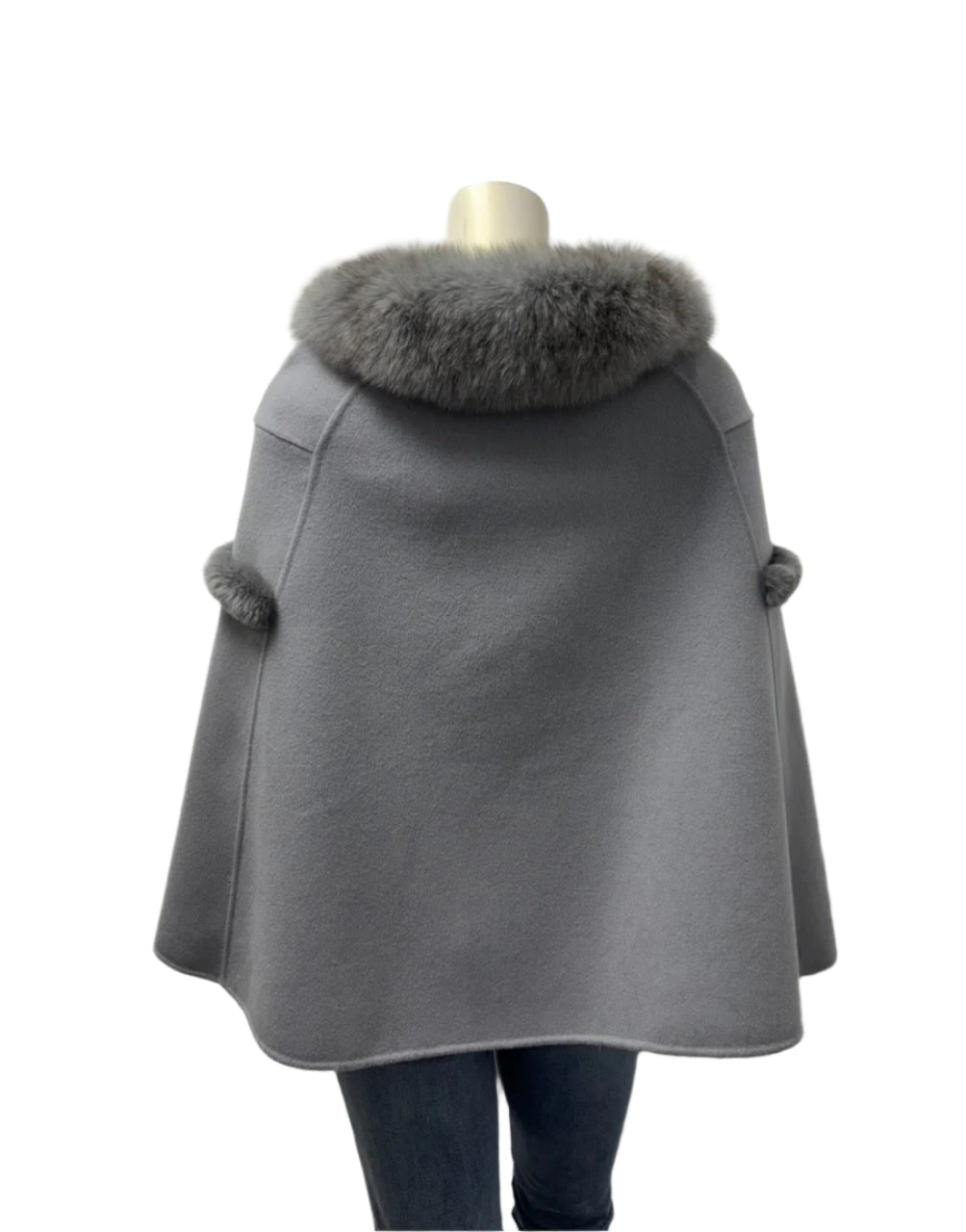 Gray Wool Cape with Rex Rabbit & Fox Trim