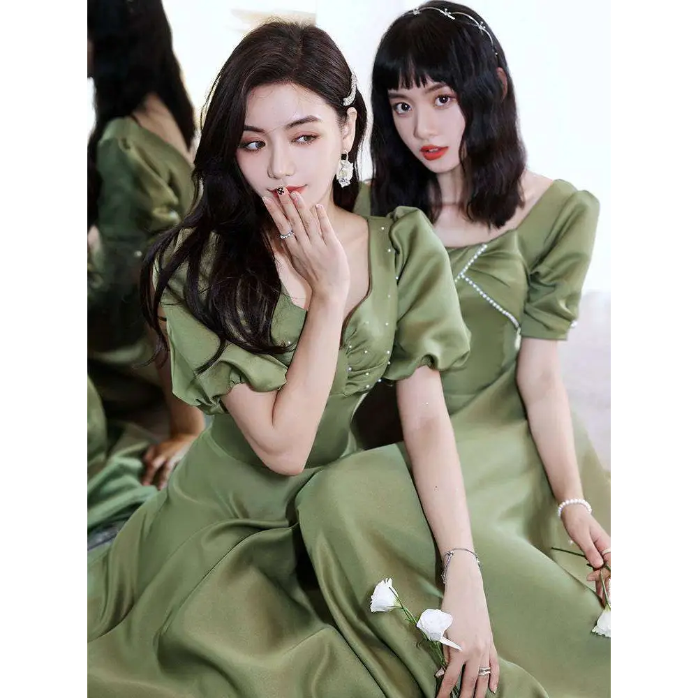 Avocado Green Sisters Group Satin V Neck Midi Dress