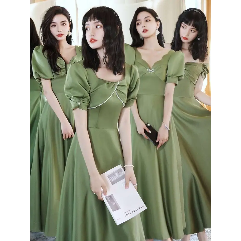 Avocado Green Sisters Group Satin V Neck Midi Dress