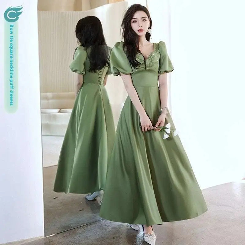 Avocado Green Sisters Group Satin V Neck Midi Dress