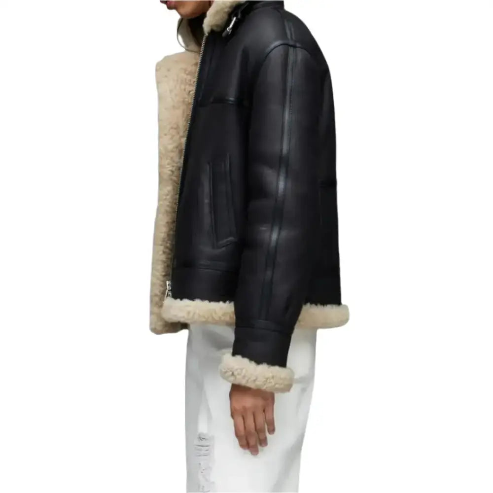 Men’s Black Shearling Leather Aviator Jacket-3