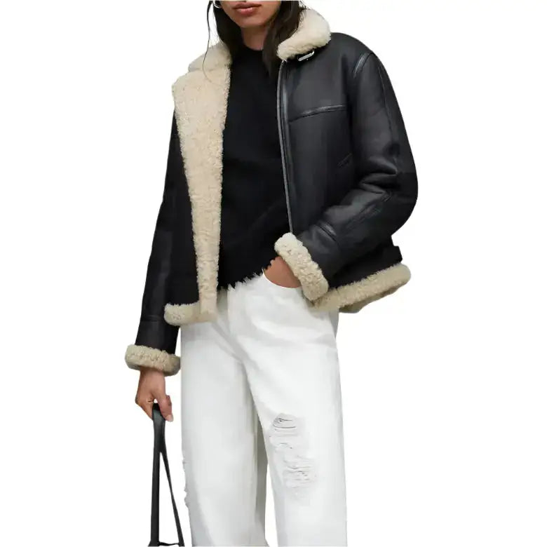 Men’s Black Shearling Leather Aviator Jacket-4