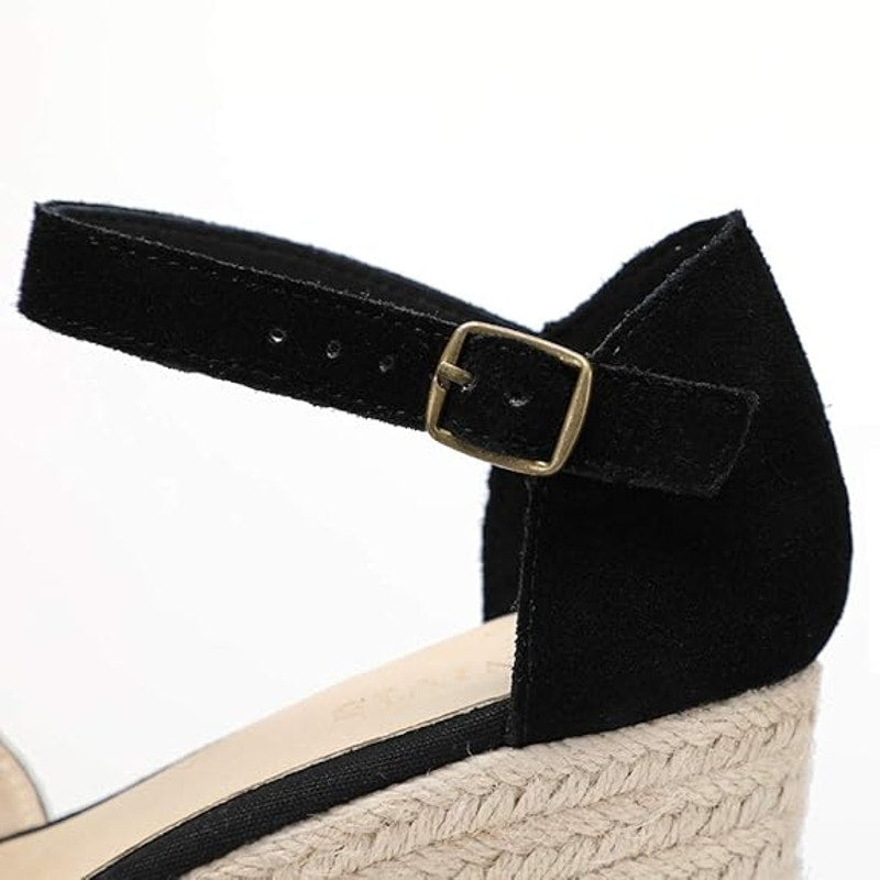 New Tonivis Women Size 7.5 Black Faux Suede Wedge Espadrille Ankle Strap Sandals