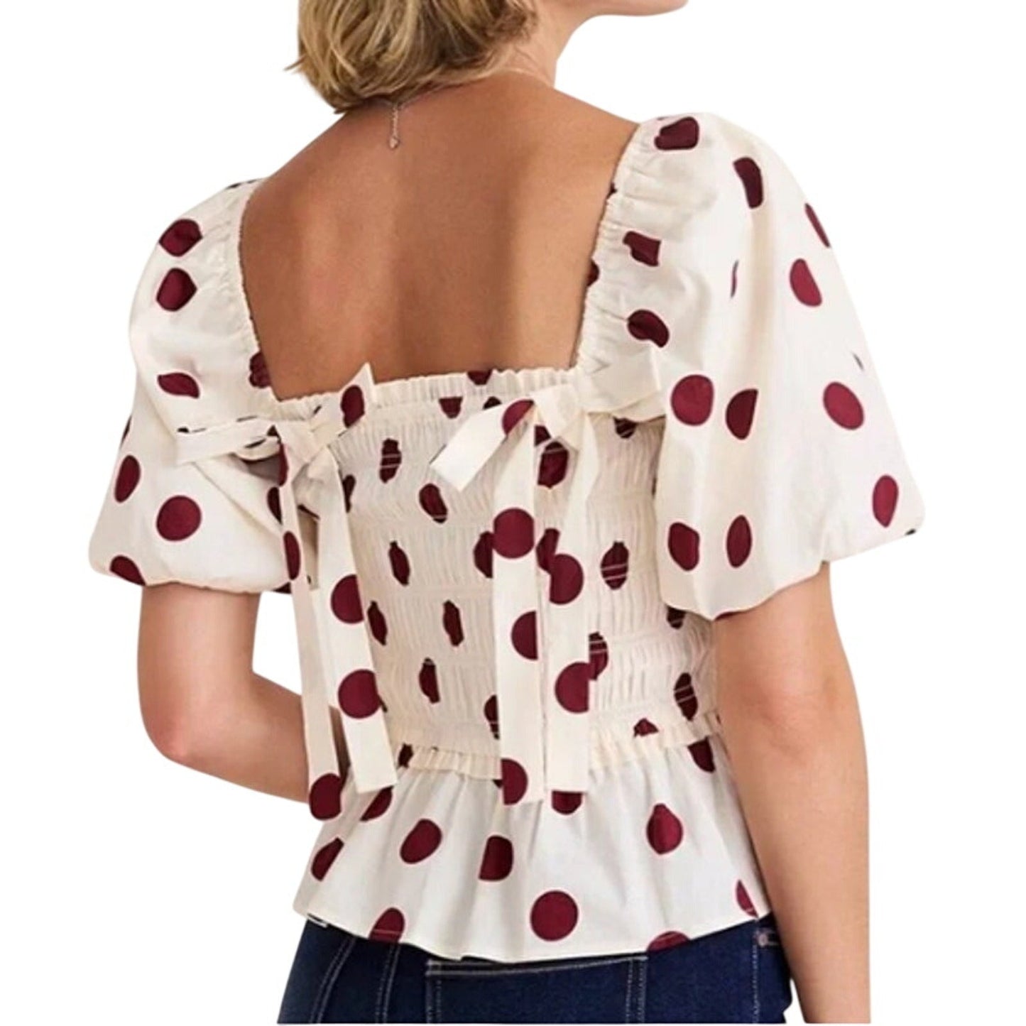 New Francescas Womens Small Cream Burgundy Polka Dot Stretch Cotton Smocked Top
